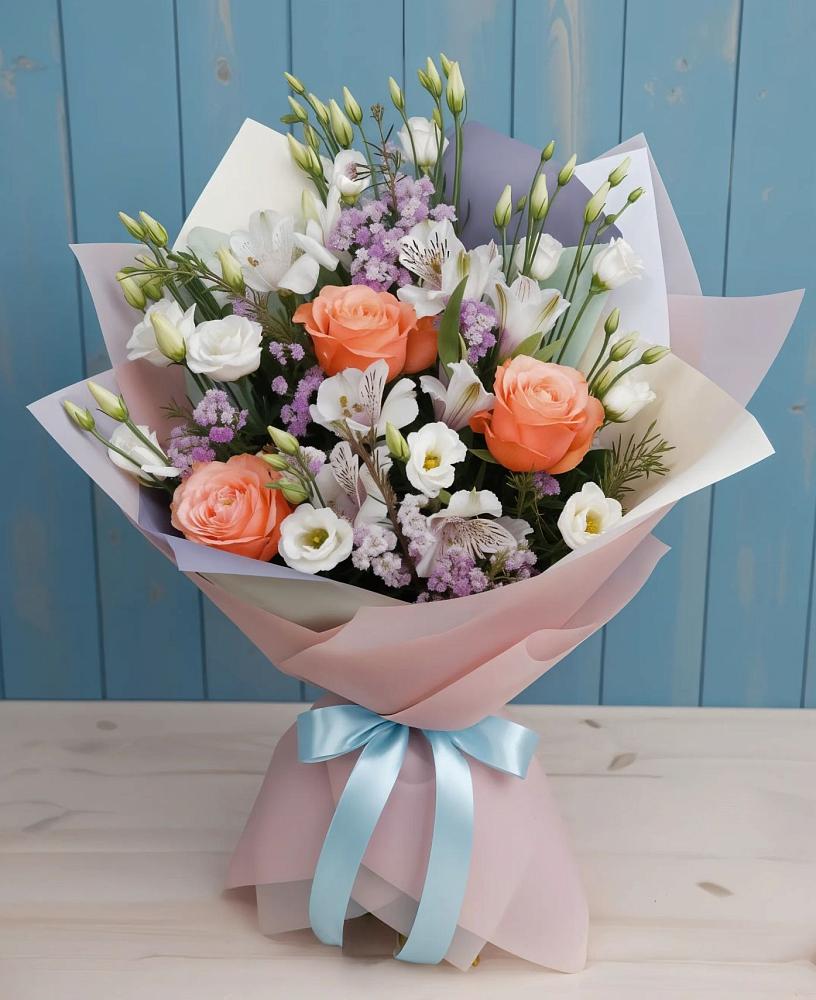 Букет цветов из: Лизиантусы, Розы, Альстромерии и Гипсофила в Красавино