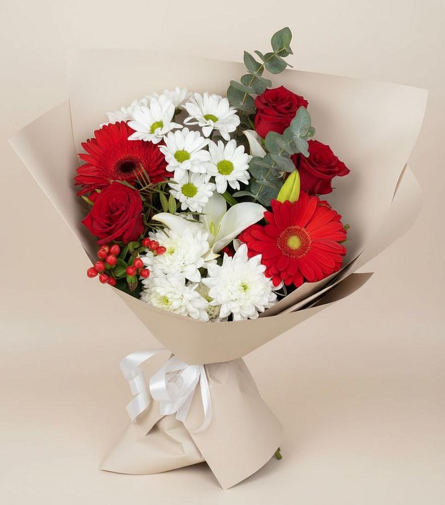 Букет цветов из: Розы, Хризантемы, Герберы и Лилии в Красавино