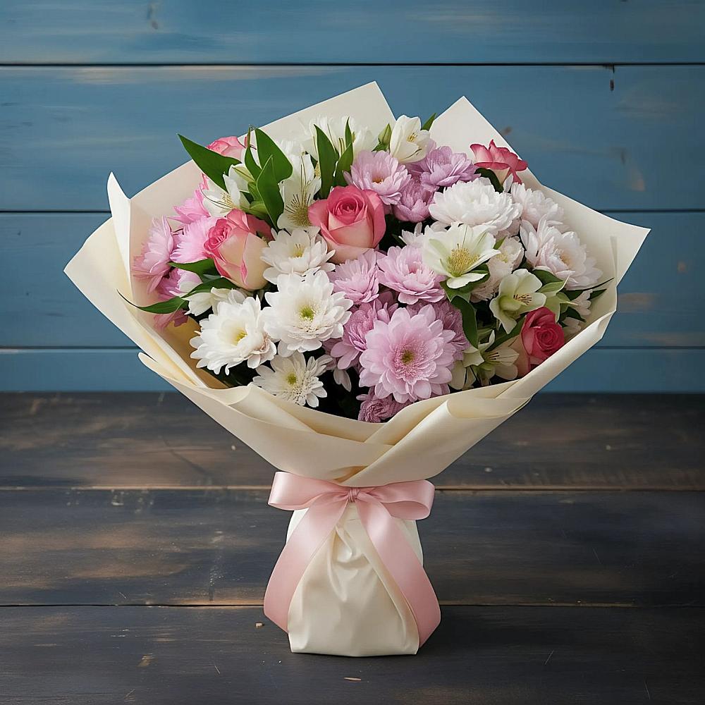 Букет цветов из: Хризантемы, Альстромерии и Розы в Красавино